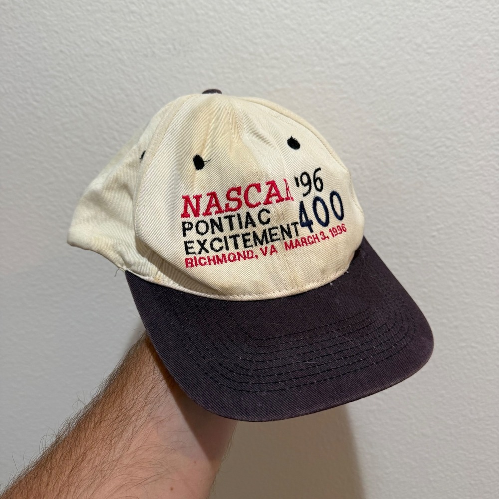 Vintage 1996 NASCAR Pontiac Excitement 400 Richmond VA Snapback Hat Navy Cream